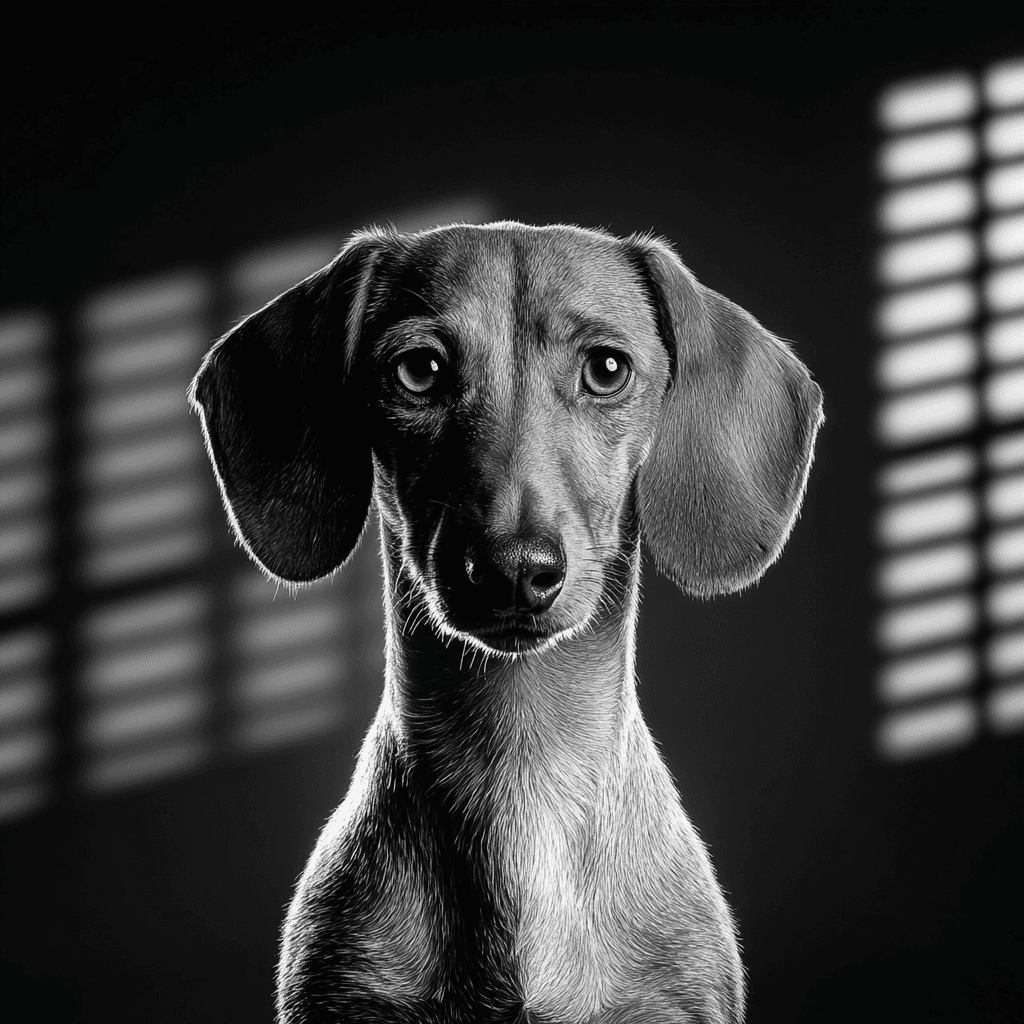 Film noir (B&W, hard shadows) pet portrait example